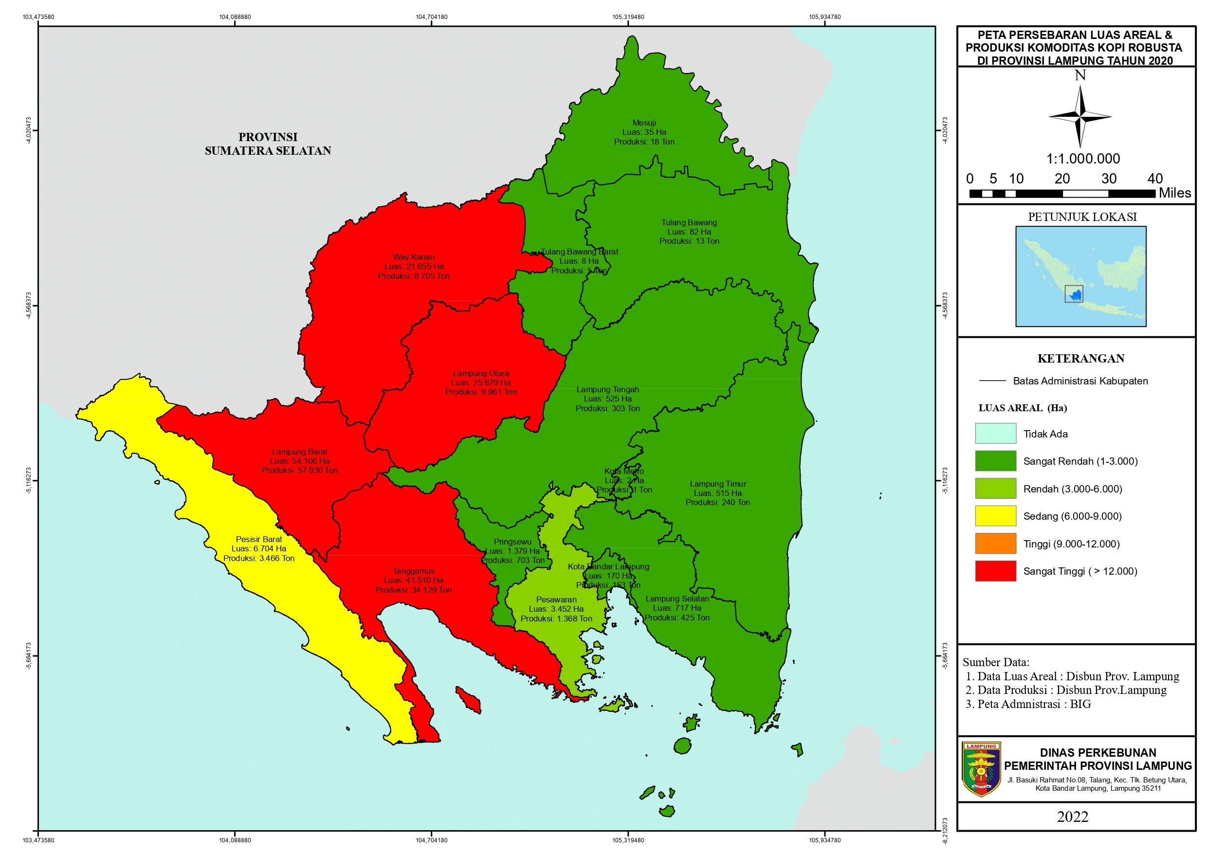 PENYAJIAN DATA STATISTIK PERSEBARAN LUAS AREAL DAN PRODUKSI KOMODITAS KOPI ROBUSTA DINAS PERKEBUNAN DI PROVINSI LAMPUNG TAHUN 2020 MELALUI PETA GIS (GEOGRAPHIC INFORMATION SYSTEM)